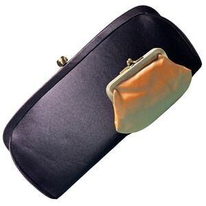 Antique Satin Evening Clutch Bag with Coin Purse‎ Black Plum Gold Kiss Lock
50's